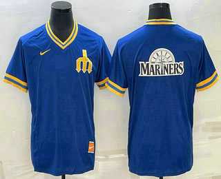 Men%27s Seattle Mariners Big Logo Blue Nike Cooperstown Collection Legend V Neck Jersey